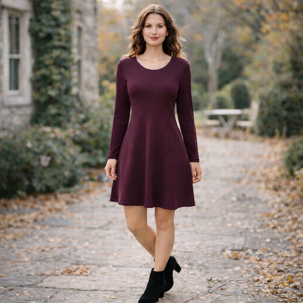 BCX Burgundy Stretch Knit Scoop Neck Fit & Flare Dress M Quiet Luxury–Inspired